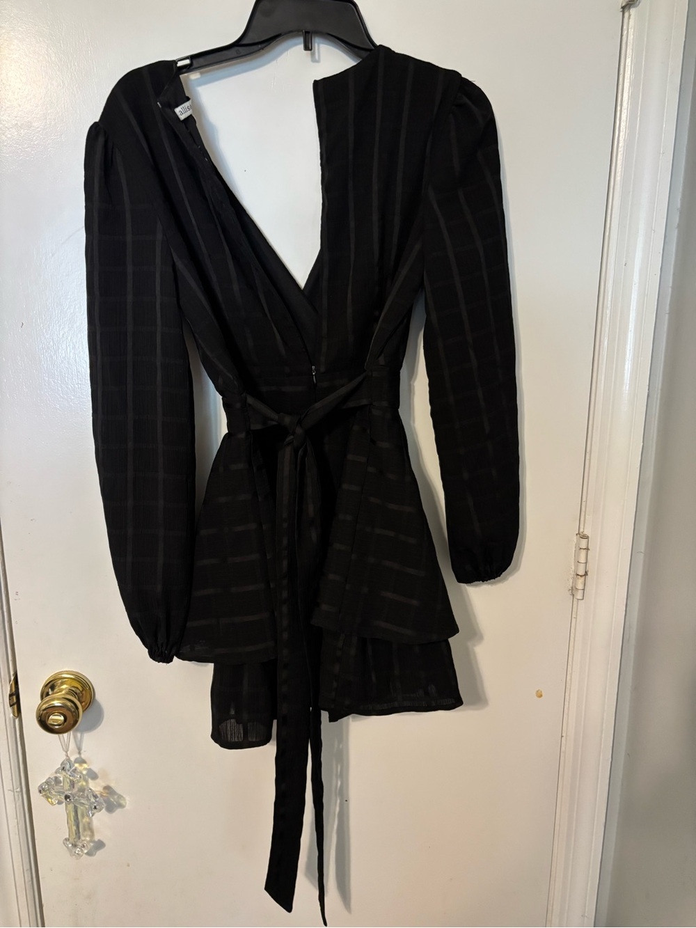 Black Long-Sleeve Wrap Mini Dress with Tie Waist - Picture 5 of 9